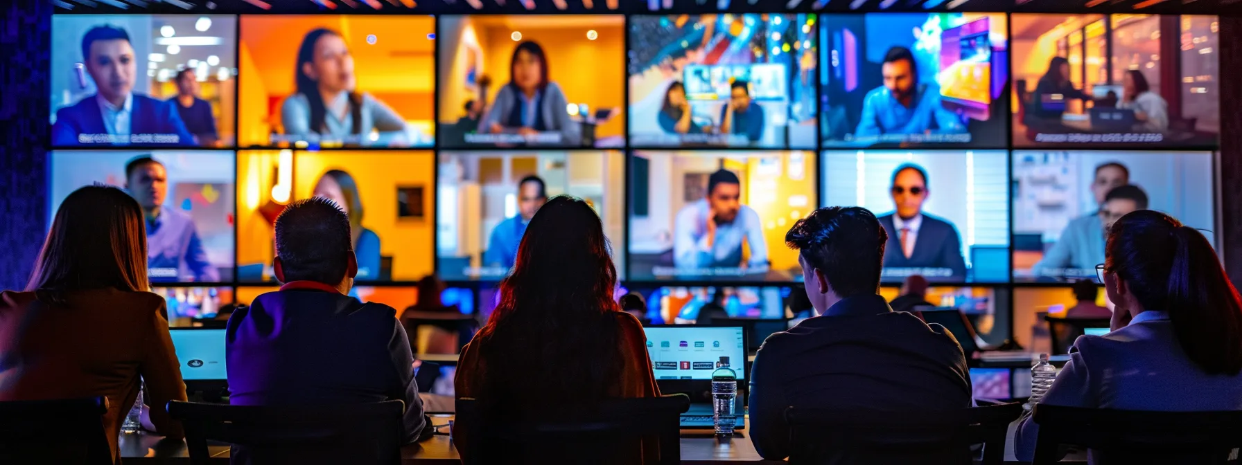 Mastering Video Conferencing for Enterprises: Best Practices and Strategies 12 a vibrant virtual meeting scene captures diverse participants actively engaging in lively discussions, surrounded by colorful breakout room icons, lighting that emphasizes interaction, and a backdrop of screens displaying polls and feedback, showcasing the dynamic essence of remote collaboration.
