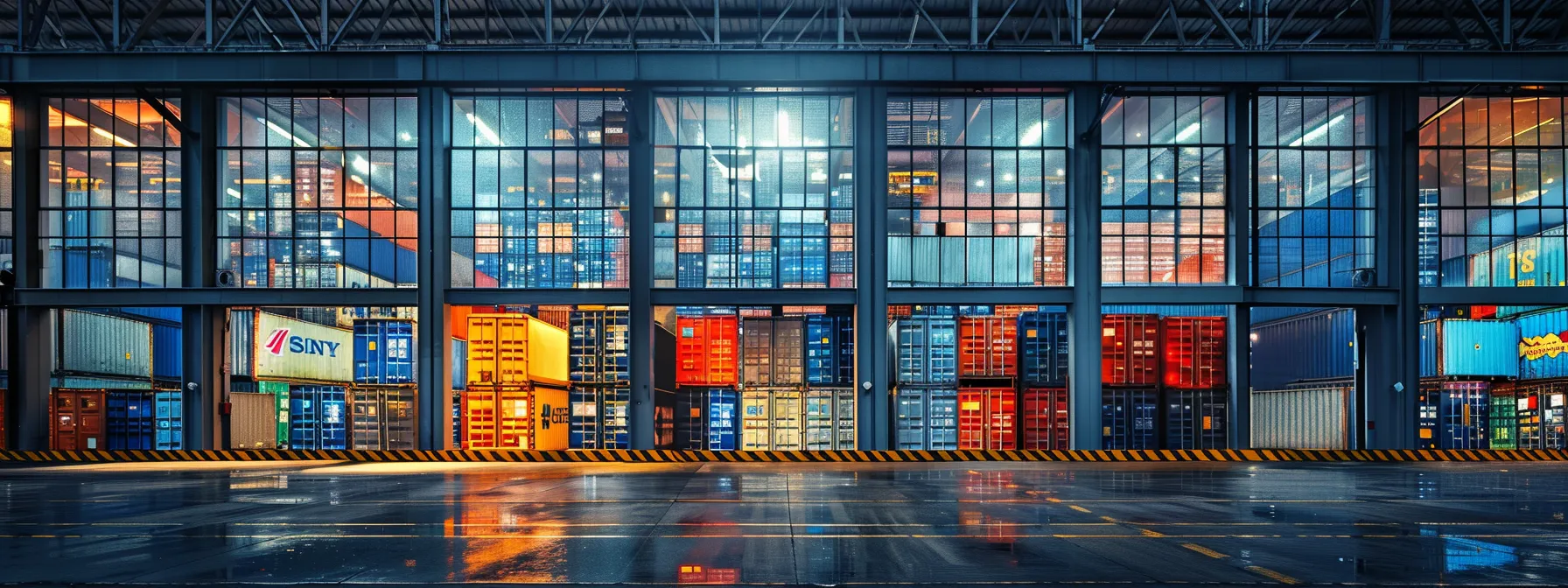 Container Management Solutions for Modern Challenges 13 a vibrant warehouse scene displays efficiently organized shipping containers, illuminated by natural light filtering through large windows, symbolizing seamless collaboration and optimized supply chain management.