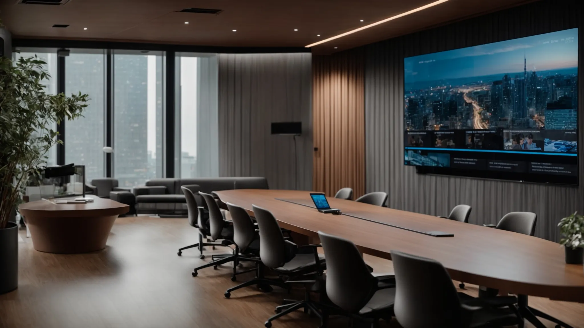Mastering Video Conferencing for Enterprises: Best Practices and Strategies 10 a sleek, modern conference room illuminated by soft, ambient lighting features a large screen displaying a vibrant, high-definition video call with engaged participants, showcasing the seamless integration of advanced video conferencing technology.