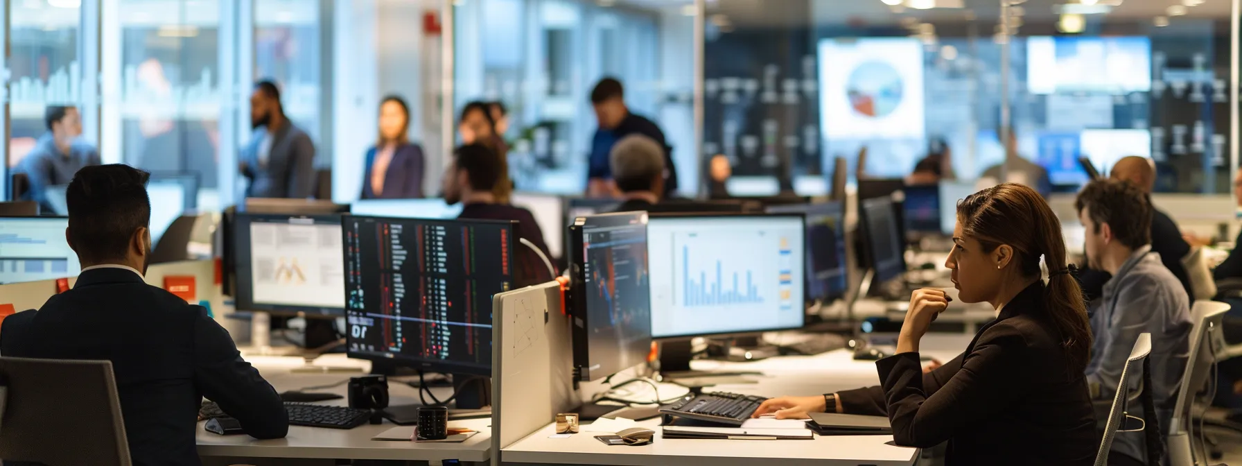What Is a Bill of Materials (BOM): Key Components Explained 9 a bustling urban office filled with sleek, modern workstations, vibrant digital screens displaying dynamic data visuals, and professionals engaged in animated discussions, all bathed in the warm glow of overhead lighting.