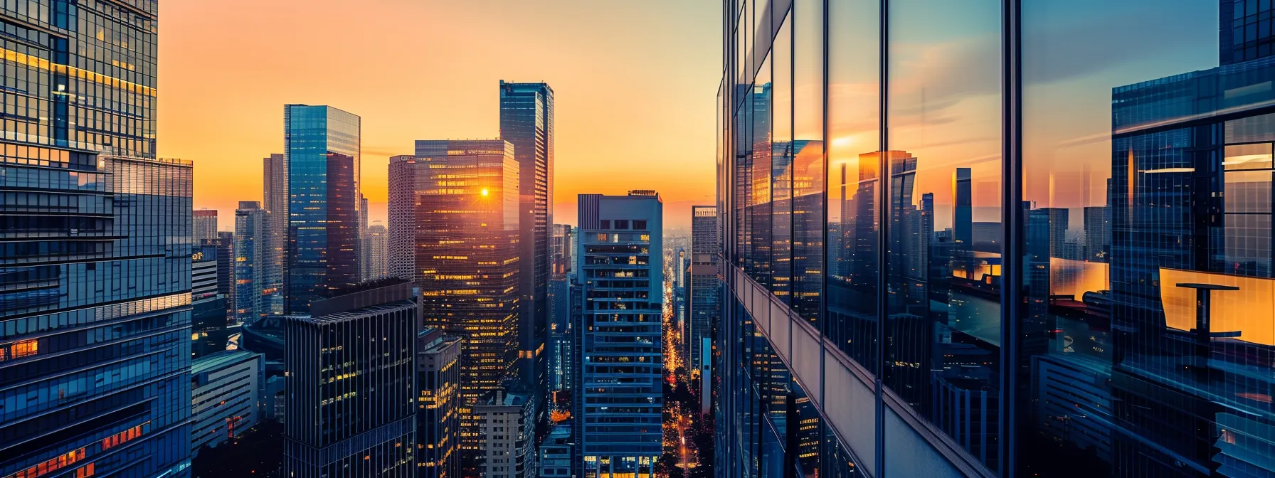 Understanding What a Business Intelligence Dashboard Is 12 a bustling urban office skyline at dusk, illuminated by the vibrant glow of city lights reflecting off sleek glass facades, encapsulating the essence of innovation and modernity in a dynamic business environment.