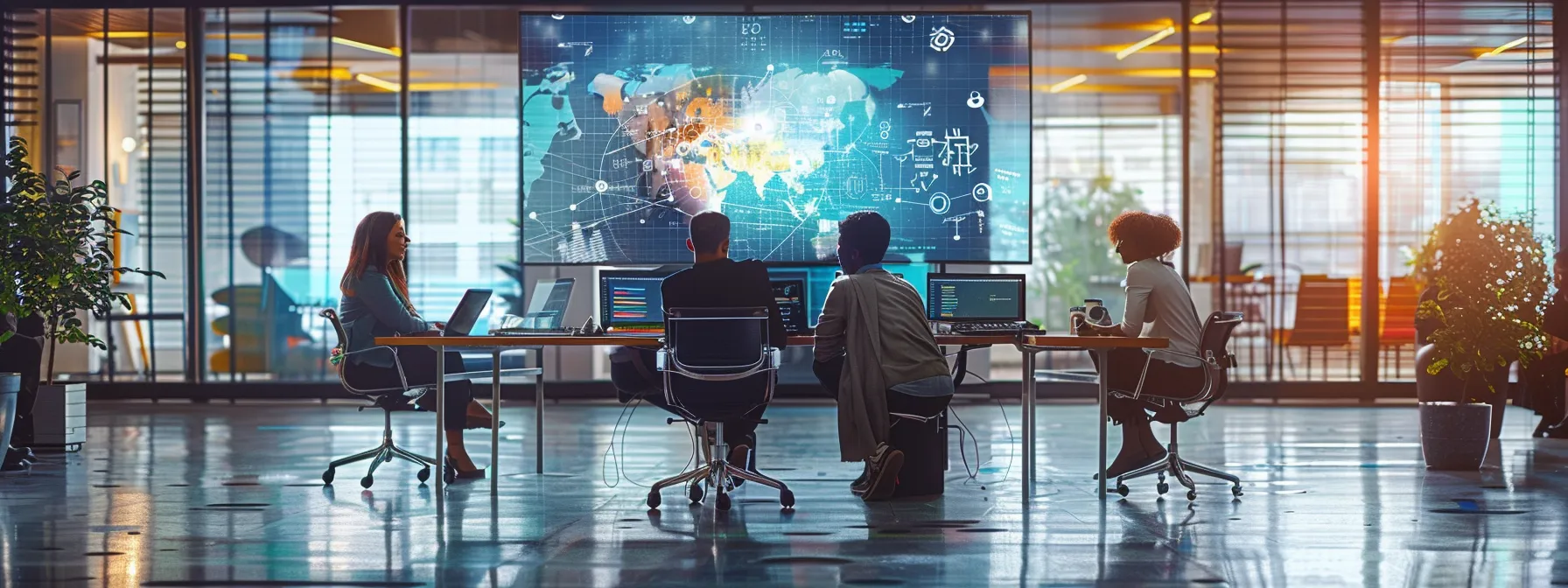 a dynamic and futuristic workspace showcases a diverse team collaborating over digital screens filled with api connectivity diagrams, embodying innovation and agility in a vibrant tech environment.