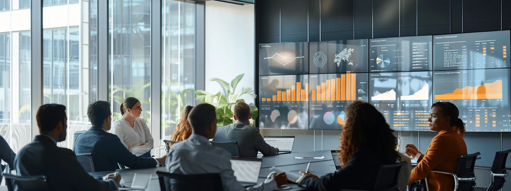 Exploring What Is Data Science for Beginners 14 a dynamic business meeting in a sleek, modern office, featuring a diverse group of professionals intensely analyzing vibrant data visualizations on large digital screens, illuminated by soft, natural light streaming through expansive windows.