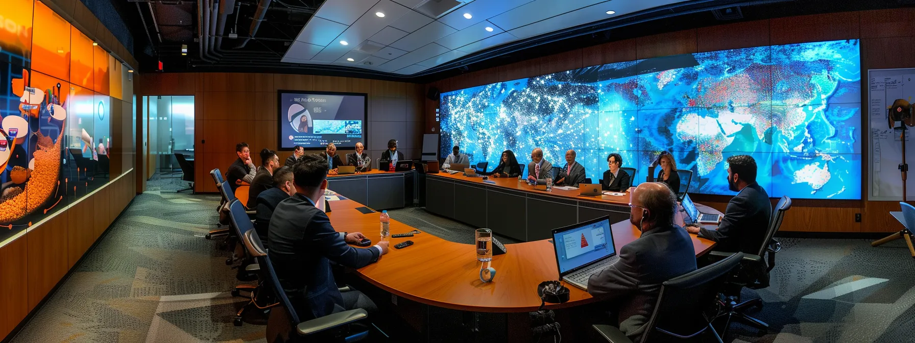 a dynamic business meeting in a modern conference room, with diverse professionals collaborating over a digital roadmap displayed on a sleek screen, symbolizing the strategic development of an enterprise api strategy.