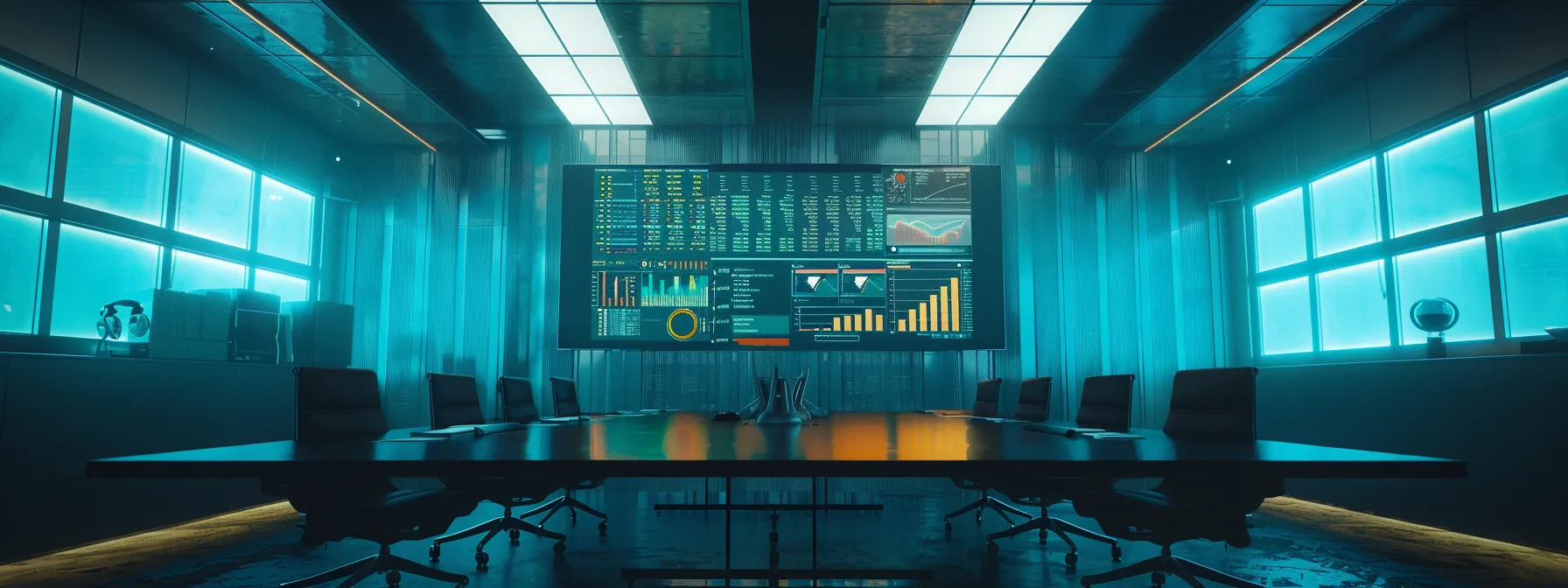 a dynamic corporate meeting room bathed in soft, natural light, featuring a diverse team collaboratively analyzing a vibrant api performance dashboard on a large screen, symbolizing the drive towards digital transformation and cross-departmental synergy.
