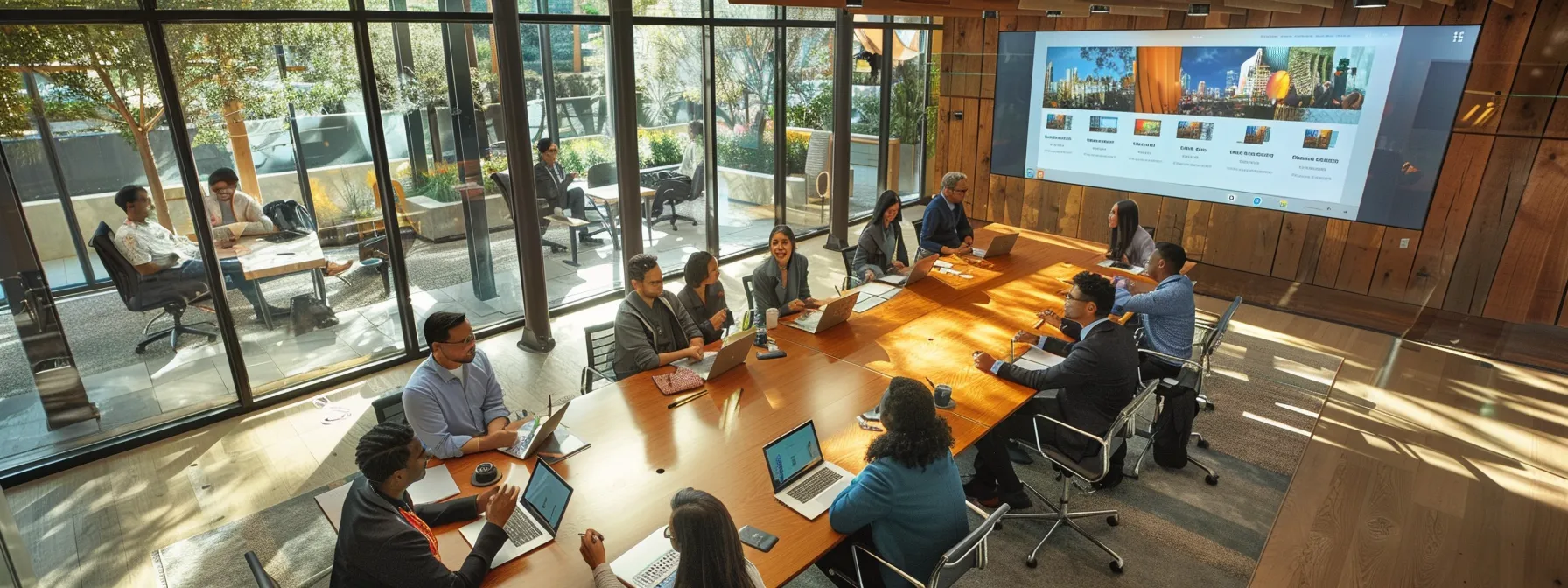 What Is a Build Server? A Simple Overview 11 a dynamic corporate workspace features a diverse group of professionals engaged in an intense brainstorming session around a sleek, modern conference table, with innovative technology displays illuminating the rich wood and glass environment, reflecting a vibrant atmosphere of collaboration and creativity.