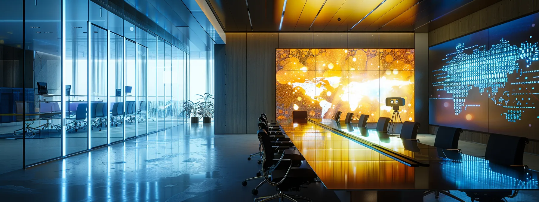 What Is a SAN? A Comprehensive Storage Area Network Overview 15 a dynamic, modern office environment featuring a sleek conference room illuminated by vibrant led screens, showcasing a collaborative team brainstorming session around a glass table draped with digital design mockups.
