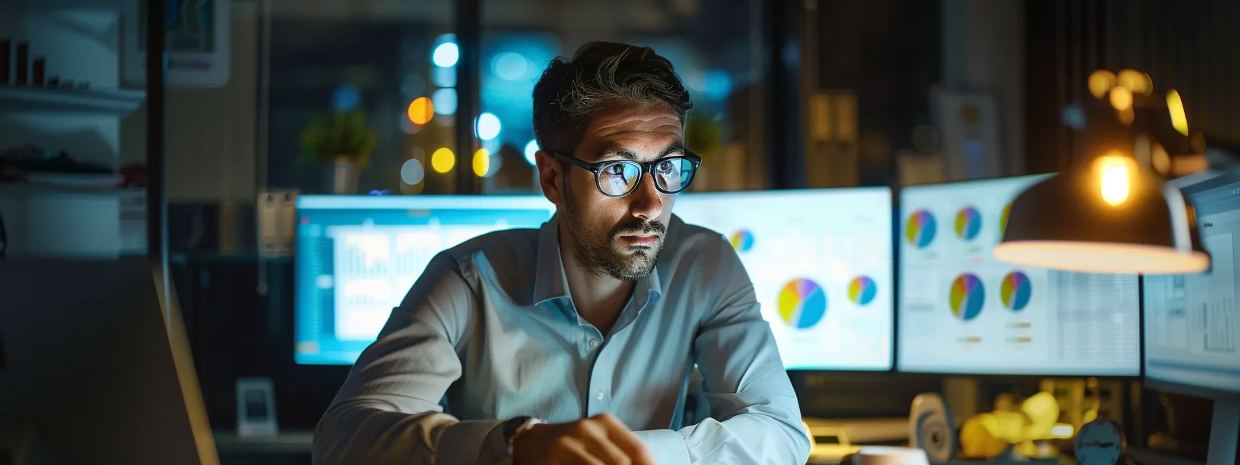 Mastering the MSP Business Model: A Practical Guide 10 a dynamic office environment showcases a confident business professional analyzing data on multiple screens, illuminated by bright, clear lighting that emphasizes the precision and strategy of a successful msp business model.