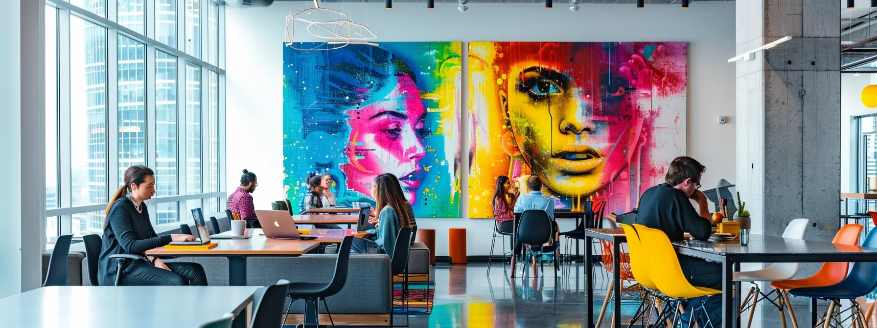 Understanding What Is Brand Recognition and Its Impact 12 a dynamic urban office space buzzes with creativity, featuring sleek modern furniture and vibrant artwork adorning the walls, as professionals collaborate over digital devices in a lively brainstorming session.
