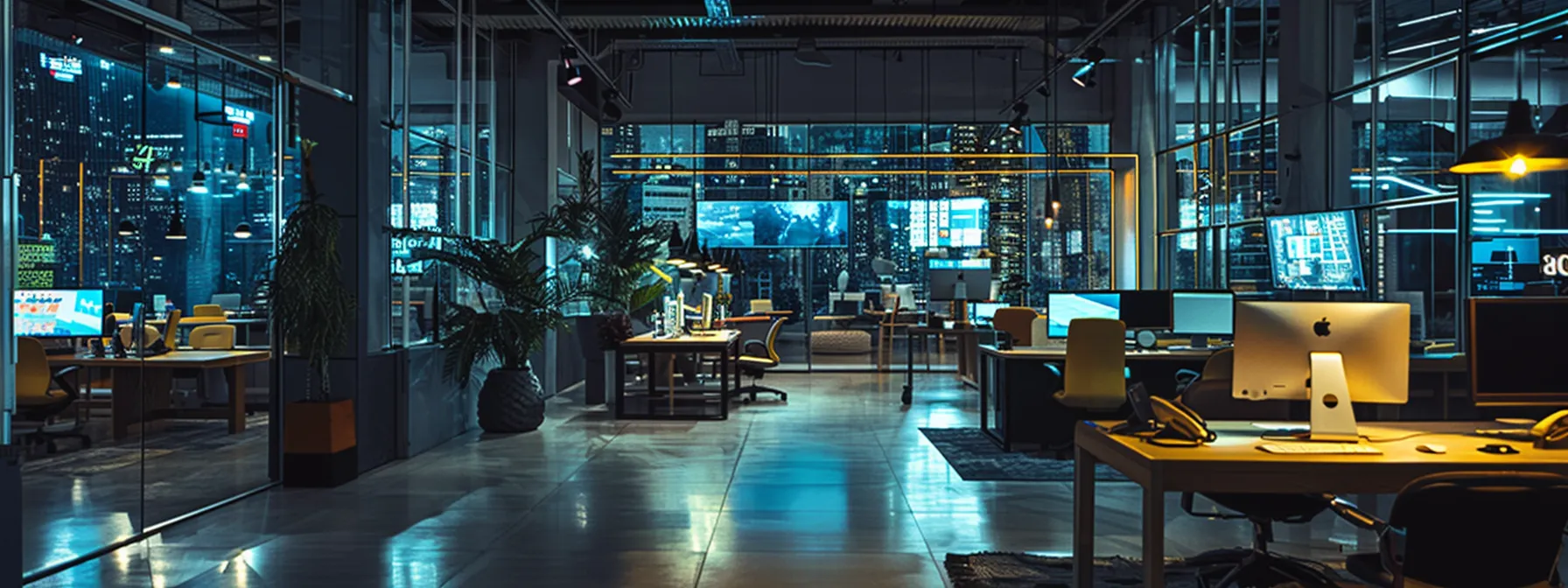 a dynamic urban office space filled with sleek, modern furniture and vibrant digital displays, exuding innovation and collaboration.