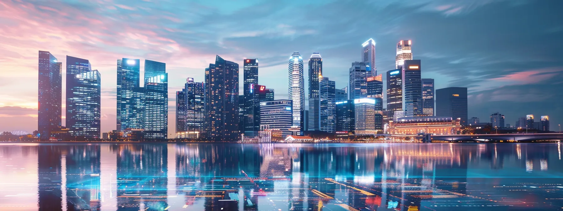 a dynamic urban skyline at dusk, illuminated by vibrant digital displays symbolizing successful api integrations across financial, healthcare, retail, and logistics sectors, reflecting innovation and connectivity.