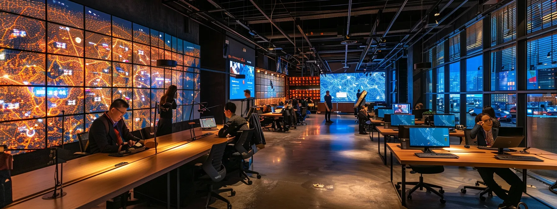 Understanding RPA: Your Guide to Robotic Process Automation 13 a dynamic urban workspace features sleek, modern desks filled with advanced technology, illuminating the focus and collaboration of professionals engaged in an innovative brainstorming session.