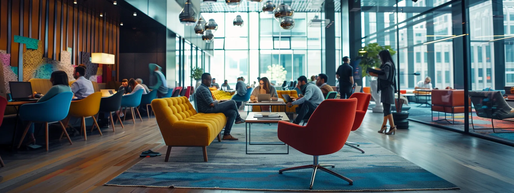 Understanding What a Business Intelligence Dashboard Is 11 a dynamic urban workspace filled with sleek, modern furniture and vibrant, colorful artwork, showcasing a group of focused professionals collaborating intently around a high-tech conference table under bright, artificial lighting.