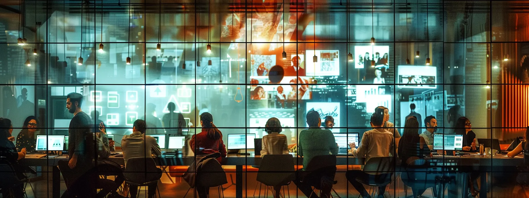 What Is Bluesky? Unpacking Its Functionality and Benefits 9 a dynamic urban workspace with sleek glass walls showcasing an array of diverse professionals engaged in a lively brainstorming session, illuminated by dramatic overhead lighting.