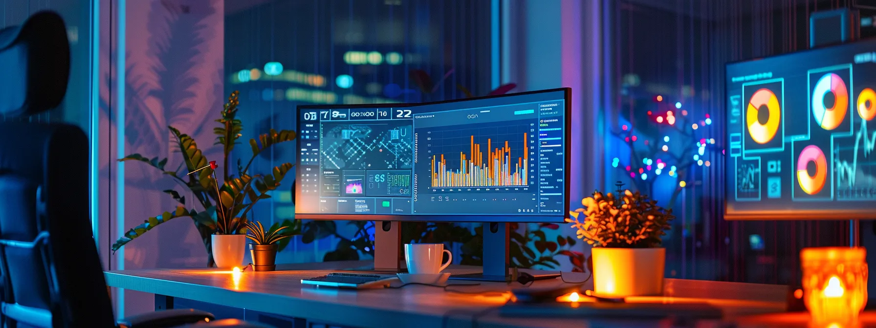 a dynamic workspace featuring a sleek digital dashboard displaying a vibrant visualization of an enterprise api strategy, illuminated by warm, ambient lighting that highlights collaborative engagement among diverse team members.