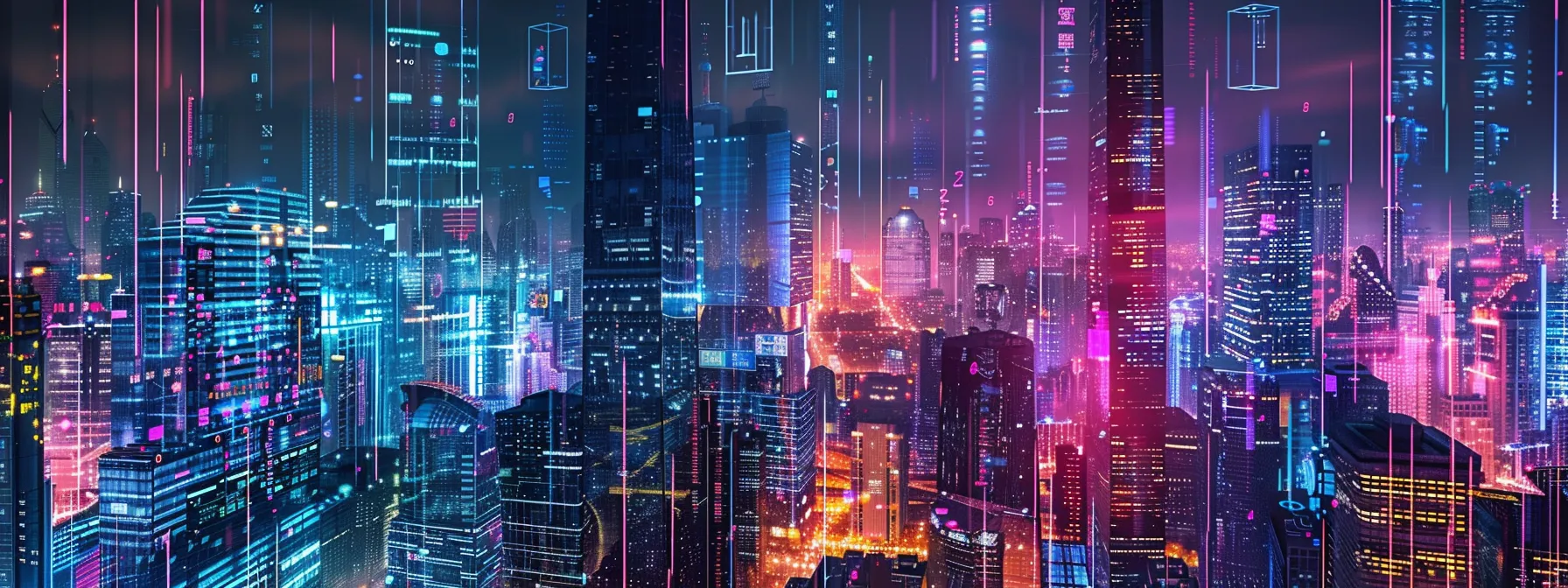 Exploring What Is Data Science for Beginners 12 a futuristic cityscape illuminated by vibrant neon lights showcases towering data servers and holographic displays, symbolizing the integration of artificial intelligence and big data technologies in data science.