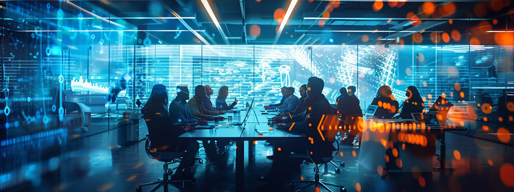 a futuristic office filled with vibrant holographic displays and sleek technology, showcasing a diverse group of professionals engaged in a dynamic brainstorming session.