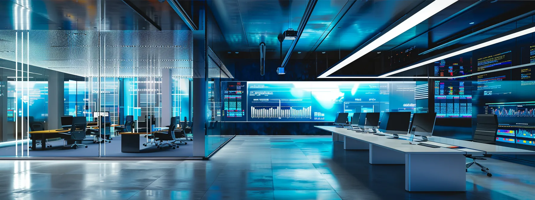 What Is a Build Server? A Simple Overview 14 a futuristic office space features sleek, minimalist design elements, illuminated by dramatic overhead lighting, with large digital screens displaying data analytics in vibrant colors, creating a dynamic environment of innovation and technology.