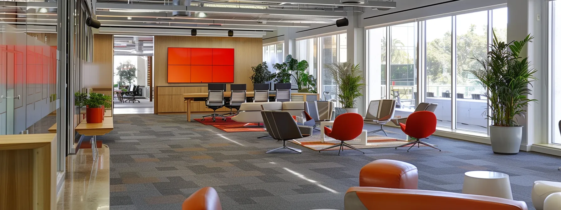 a modern corporate office filled with sleek furniture and vibrant digital graphics displays, exuding an atmosphere of innovation and collaboration.