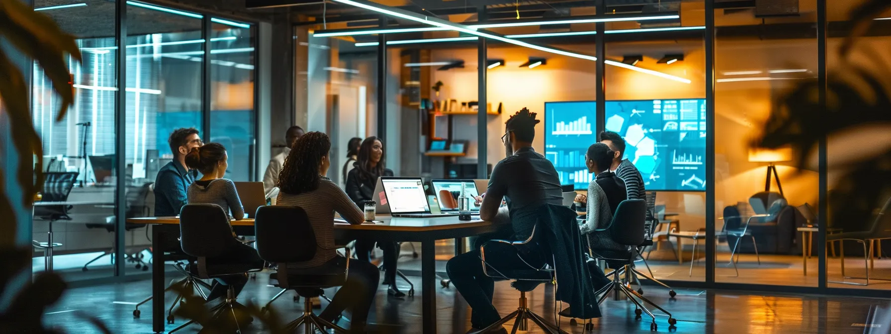a modern office filled with sleek technology, where a diverse team is engaged in a dynamic brainstorming session illuminated by bright overhead lights, reflecting their vibrant collaboration on a digital whiteboard.