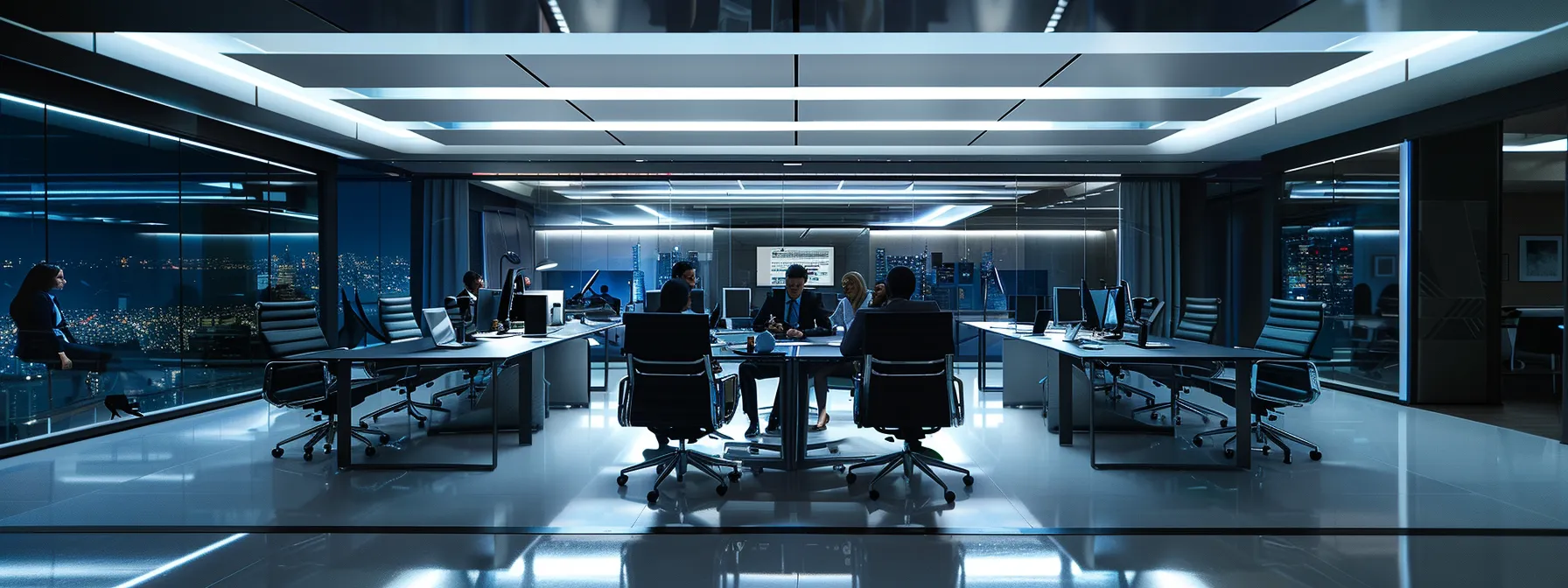 Understanding What Is Brand Recognition and Its Impact 9 a modern office scene featuring a sleek conference room, illuminated by dramatic overhead lighting, where a diverse group of professionals engage in an animated brainstorming session around a polished glass table.
