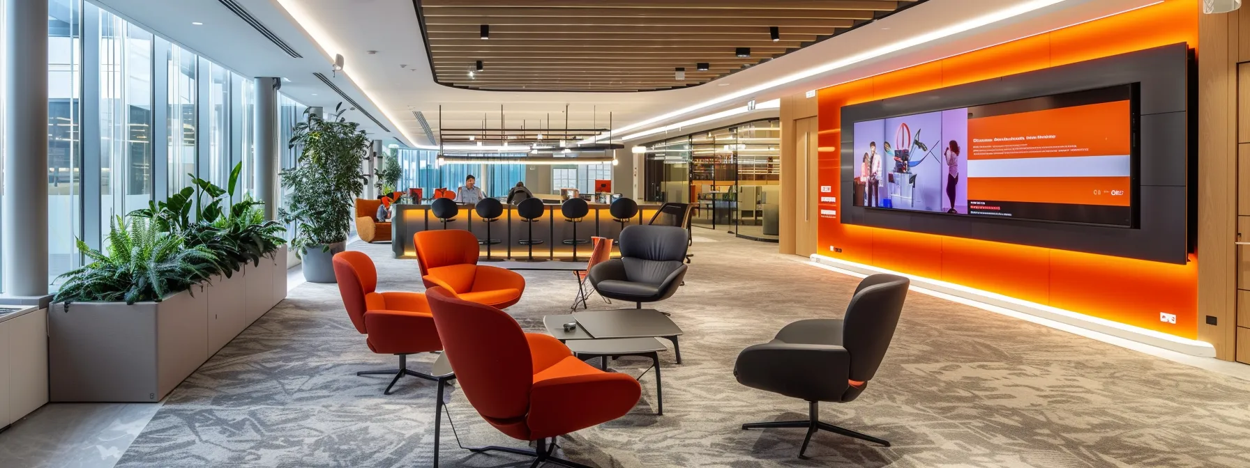 a modern office setting features a sleek, high-tech workspace with a vibrant digital screen illuminating a focused business meeting, highlighting dynamic discussions and innovative ideas in a polished, professional atmosphere.