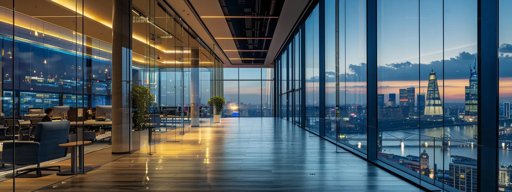 a modern, sleek office space is illuminated by soft, ambient lighting, showcasing a panoramic view of a bustling city skyline through floor-to-ceiling windows, reflecting the energy and innovation of a dynamic business environment.
