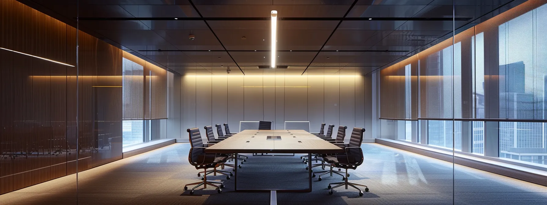 a sharply lit, modern office space features a sleek, minimalist conference table surrounded by high-back chairs, underscoring a powerful meeting atmosphere.