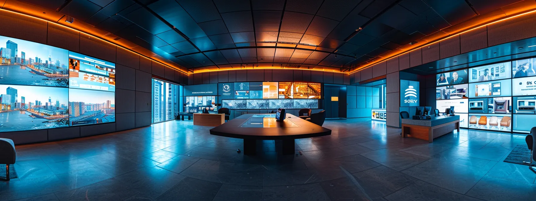 a sleek and modern office space features a large conference table surrounded by dynamic presentations displayed on high-tech screens, radiating an atmosphere of collaboration and innovation.