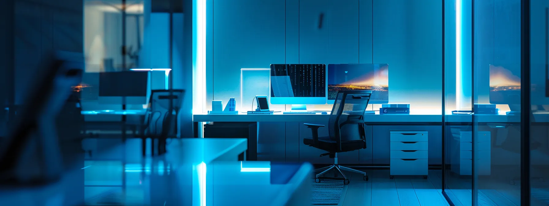 What Is Bluesky? Unpacking Its Functionality and Benefits 10 a sleek, futuristic office workspace bathed in cool blue light showcases a state-of-the-art computer setup, reflecting a high-tech atmosphere of innovation and productivity.