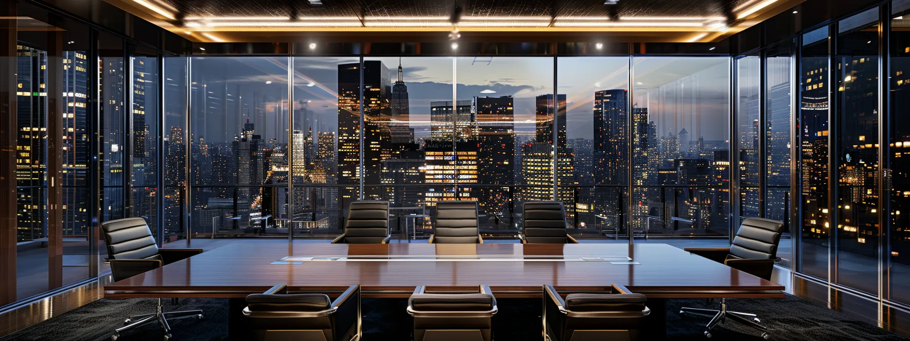 Learn What Is a Block Cipher and Its Applications 9 a sleek, modern boardroom with a polished wooden table, surrounded by high-backed chairs, illuminated by sharp overhead lighting, showcasing an expansive cityscape through floor-to-ceiling windows.