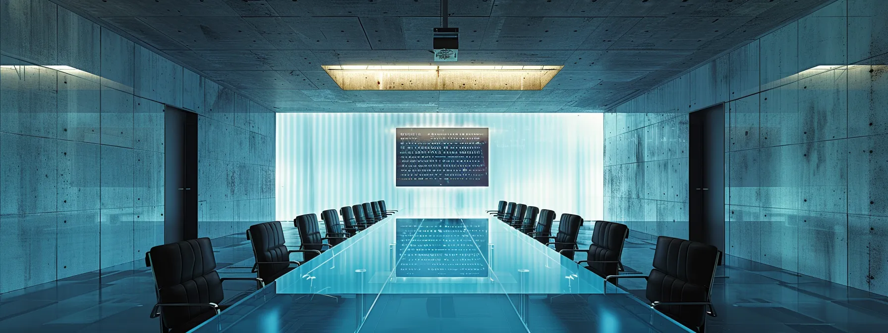 What Is a Build Server? A Simple Overview 12 a sleek, modern conference room featuring a large glass table surrounded by ergonomic chairs, illuminated by dramatic overhead lighting that highlights a digital screen displaying innovative business strategies.