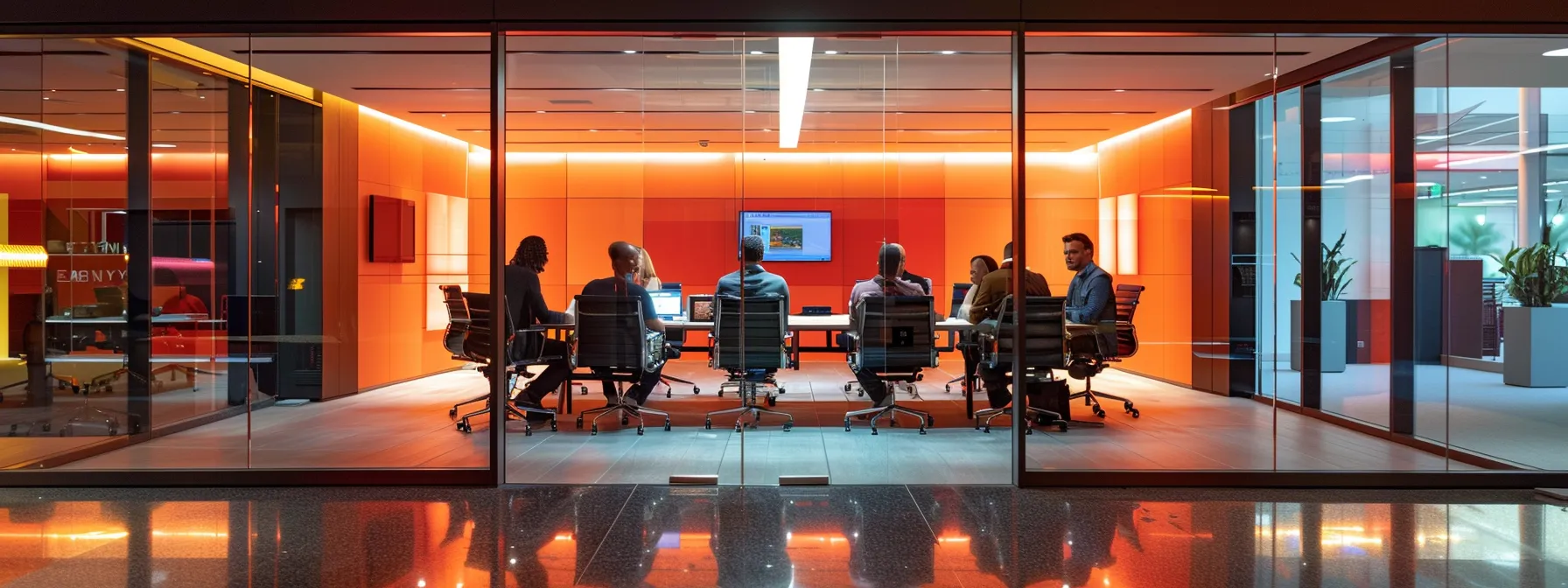 Understanding What a Business Intelligence Dashboard Is 13 a sleek, modern conference room filled with diverse professionals engaged in a lively brainstorming session, illuminated by dynamic led lighting that reflects the energy and collaboration of innovative ideas.