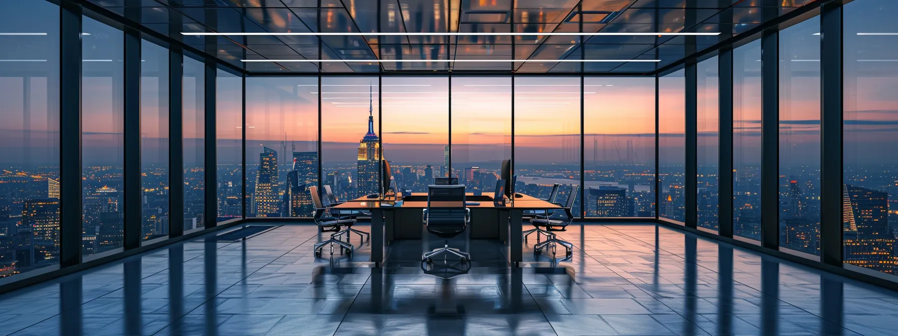 a sleek, modern office adorned with minimalistic furniture and a panoramic city view through expansive glass windows, bathed in dramatic artificial lighting that highlights the sharp reflections on polished surfaces.