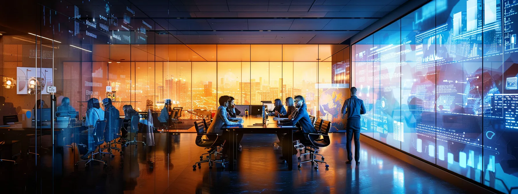 Understanding What Is Brand Recognition and Its Impact 13 a sleek, modern office bathed in warm artificial light showcases a diverse group of professionals engaged in a dynamic brainstorming session, surrounded by high-tech equipment and vibrant visual presentations on digital screens.