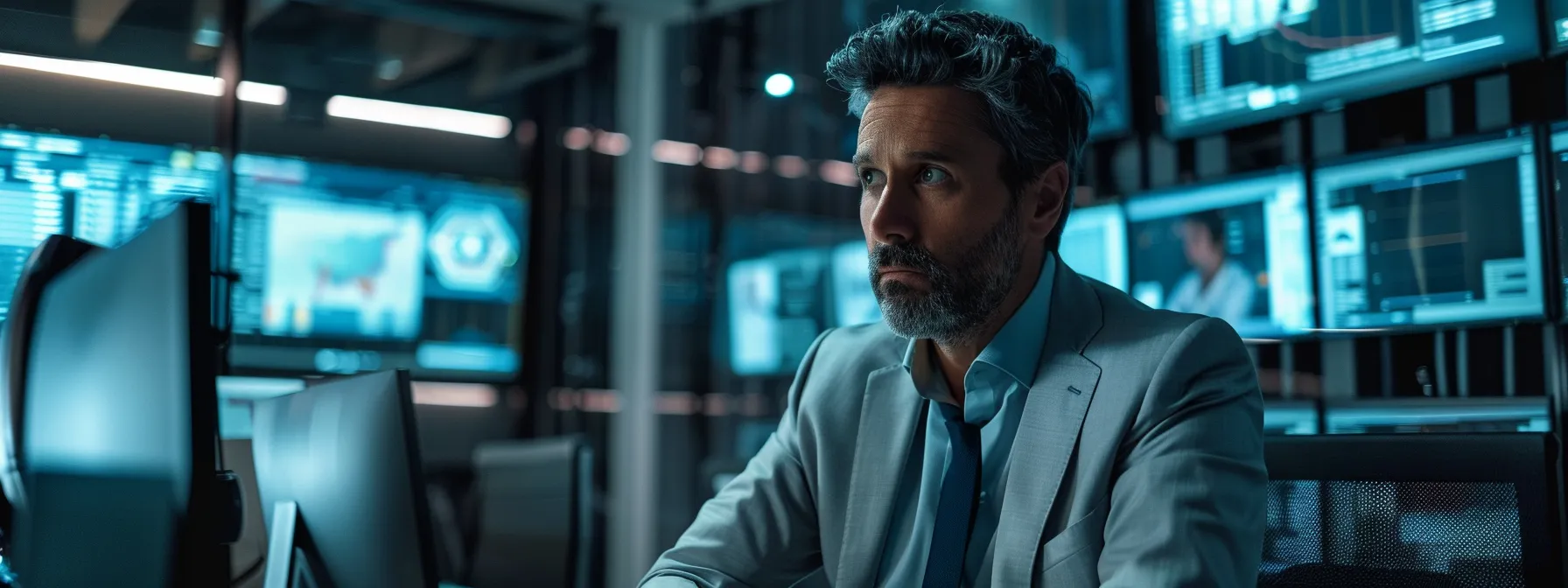 a sleek, modern office bathed in dynamic blue and gray lighting showcases a focused professional engaged in a high-tech video conference, surrounded by digital displays that emphasize a collaborative and innovative atmosphere.