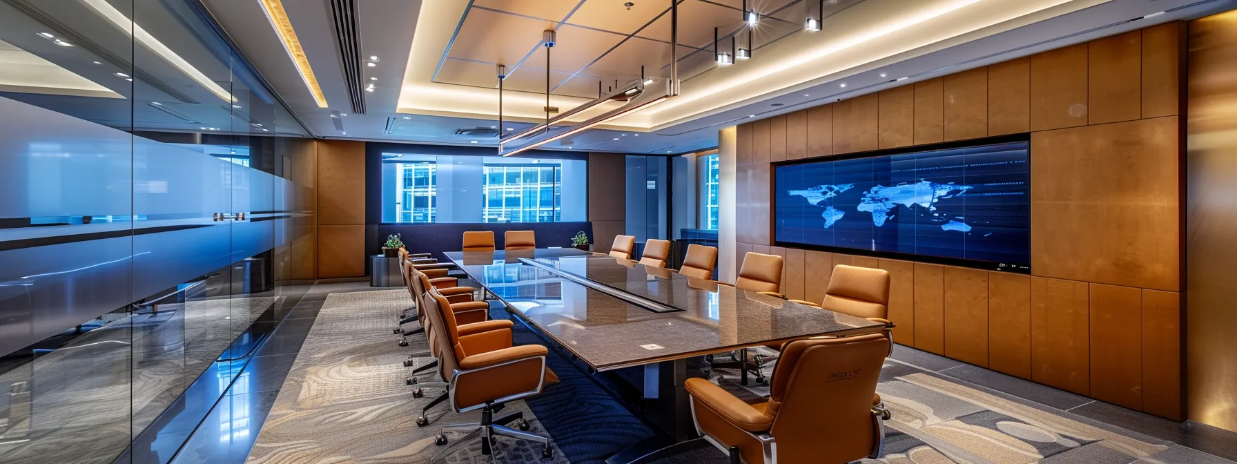 a sleek, modern office bathed in warm, ambient light, showcasing a sophisticated conference table surrounded by elegant chairs, with a large digital display highlighting collaborative ideas on the wall.