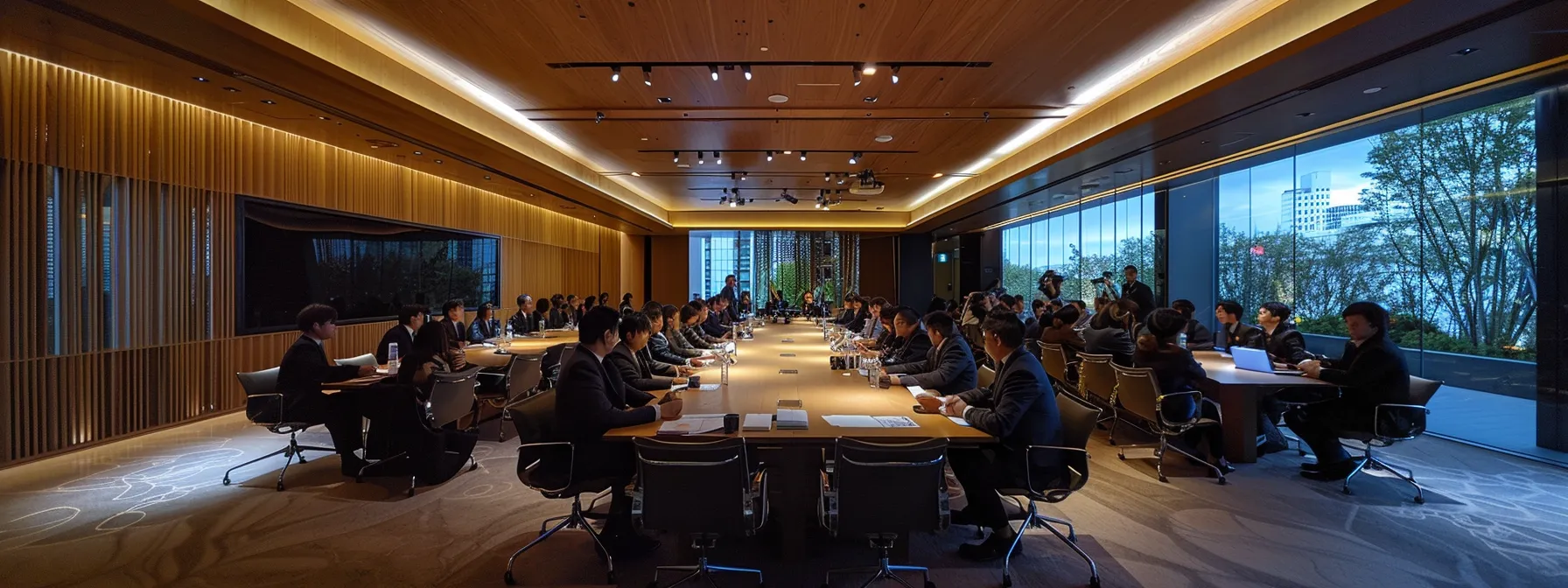 Unpacking What Is Business Process Modeling for Businesses 10 a sleek, modern office boardroom filled with diverse professionals engaged in dynamic discussion, illuminated by dramatic overhead lighting that highlights their expressions of focus and determination.