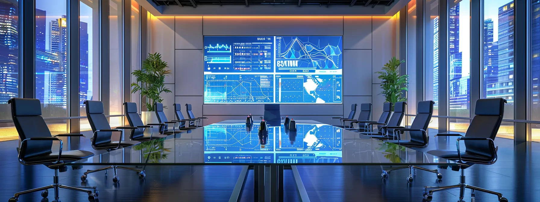 Essential Steps in a Comprehensive Test Automation Guide 11 a sleek, modern office conference room features a large glass table surrounded by high-backed chairs, with a digital presentation screen displaying vibrant data visualizations, illuminated by overhead led lights casting a sharp, professional glow.
