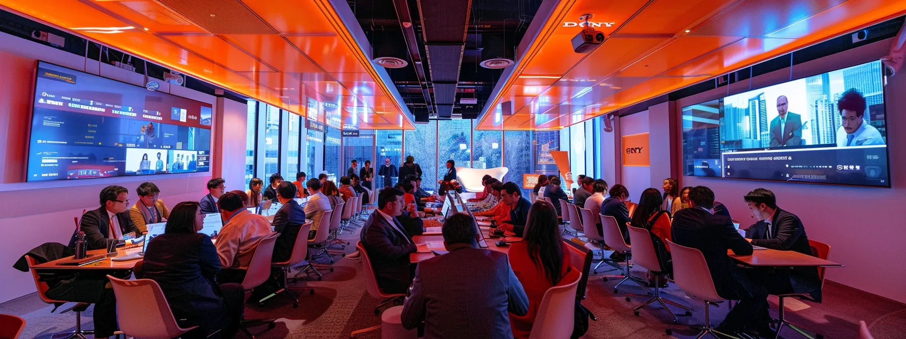 Unpacking What Is Business Process Modeling for Businesses 15 a sleek, modern office conference room filled with vibrant, animated professionals engaged in a dynamic brainstorming session, illuminated by cool overhead lighting and showcasing interactive digital displays.