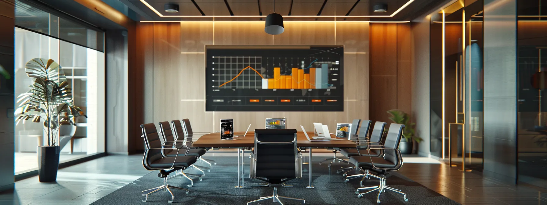 a sleek, modern office conference room with a large screen displaying vibrant data visualizations, illuminated by warm overhead lighting and surrounded by elegantly appointed chairs.