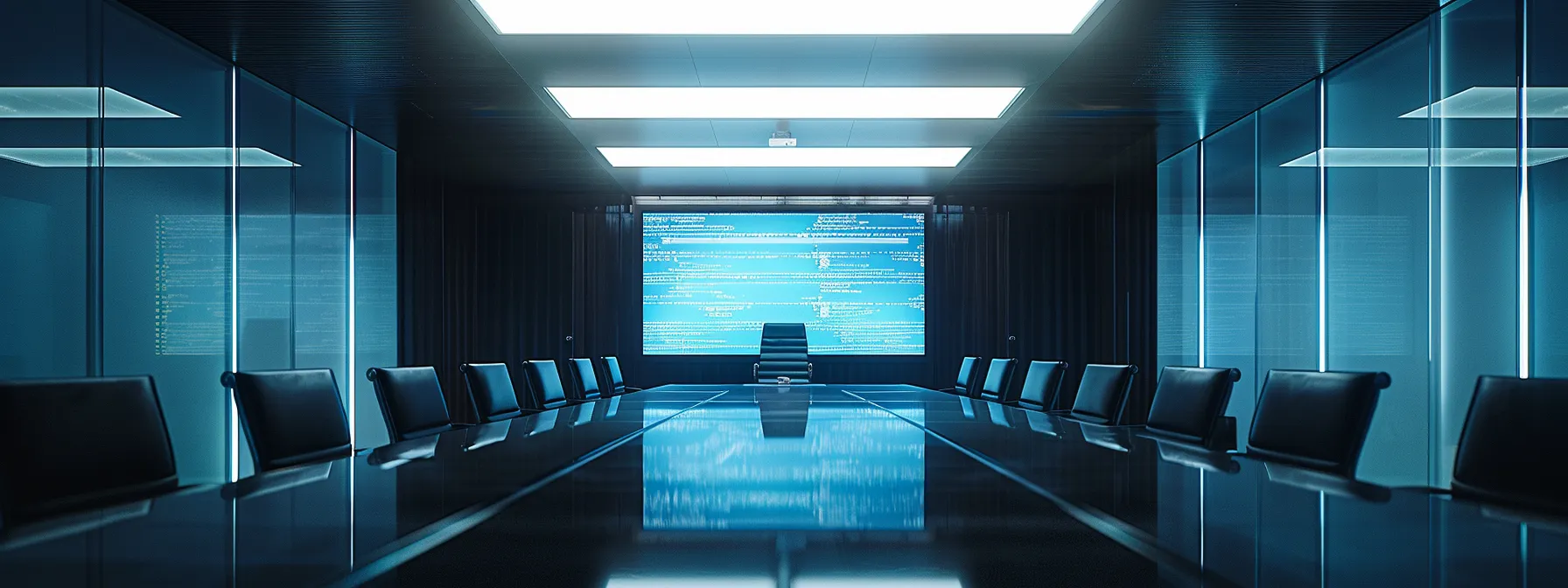 a sleek, modern office conference room with a large glass table, illuminated by sharp overhead lighting, showcases a vibrant digital screen displaying a dynamic business presentation.