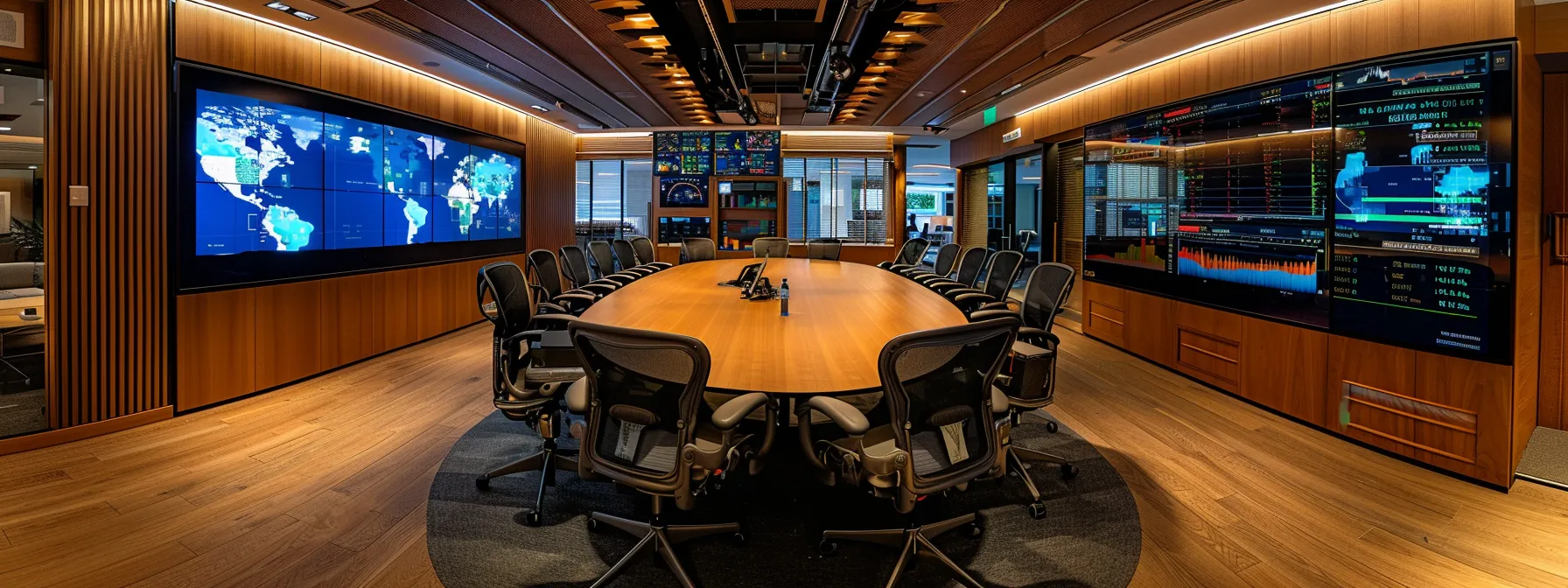 Essential Steps in a Comprehensive Test Automation Guide 13 a sleek, modern office conference room bathed in soft, ambient lighting showcases a large, oval table surrounded by elegant chairs, with digital screens displaying vibrant charts and graphs, emphasizing a dynamic business meeting atmosphere.