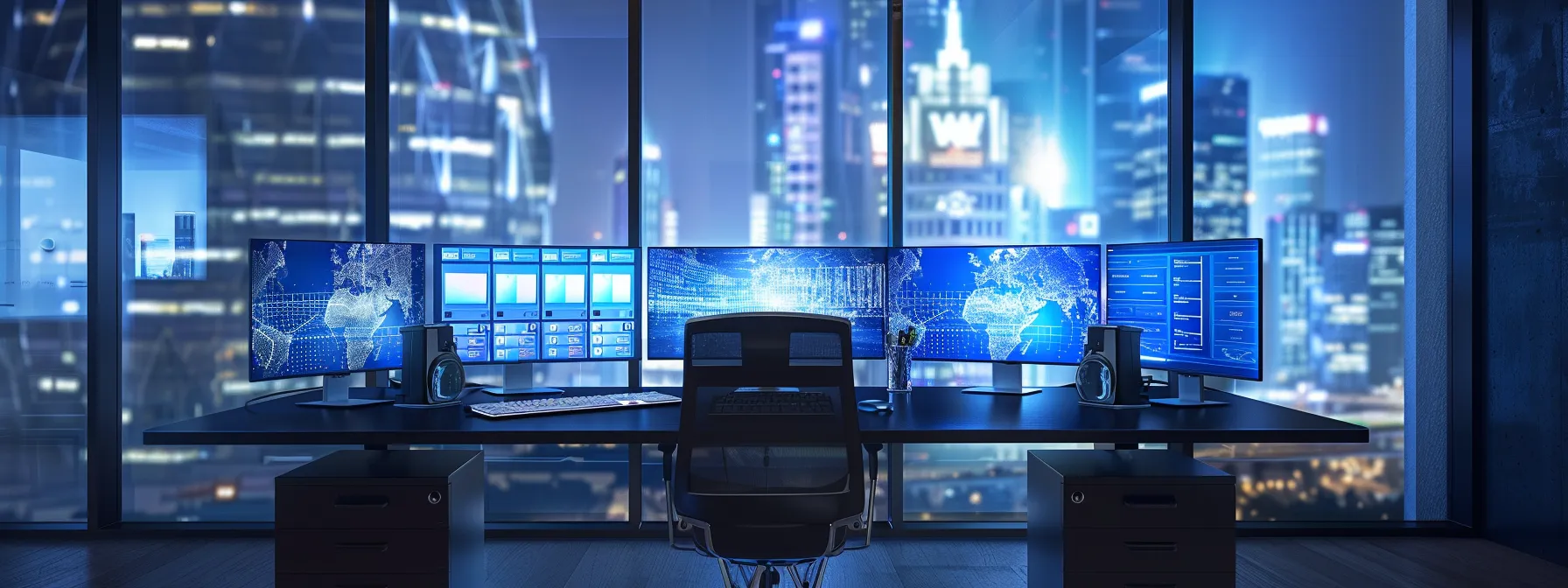 5 Powerful Benefits of Virtual Desktop Infrastructure (VDI) for Modern Businesses 10 a sleek, modern office environment showcases multiple high-resolution monitors displaying virtual desktop infrastructure interfaces, illuminated by cool, ambient lighting that enhances the theme of enhanced accessibility and data security.