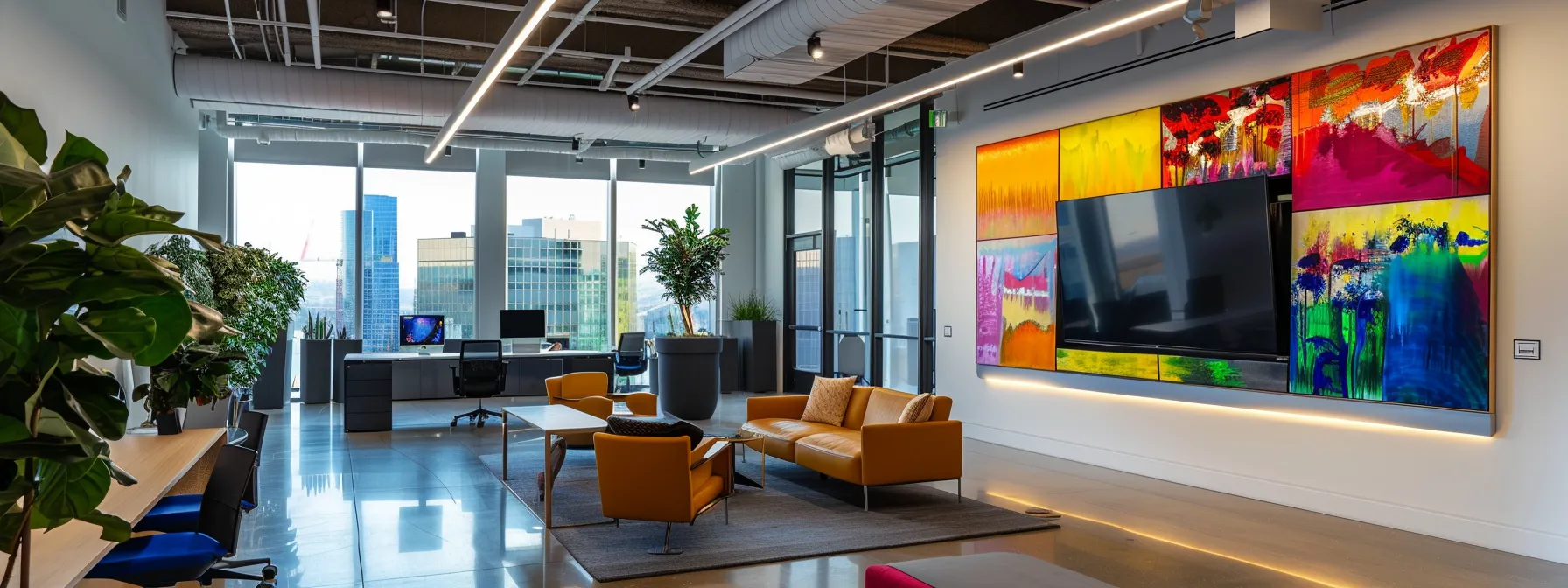 What Is Machine Learning? Definitions and Key Examples 9 a sleek, modern office filled with vibrant abstract art and high-tech gadgets, illuminated by dynamic led lighting that highlights the innovative atmosphere of collaboration and creativity.