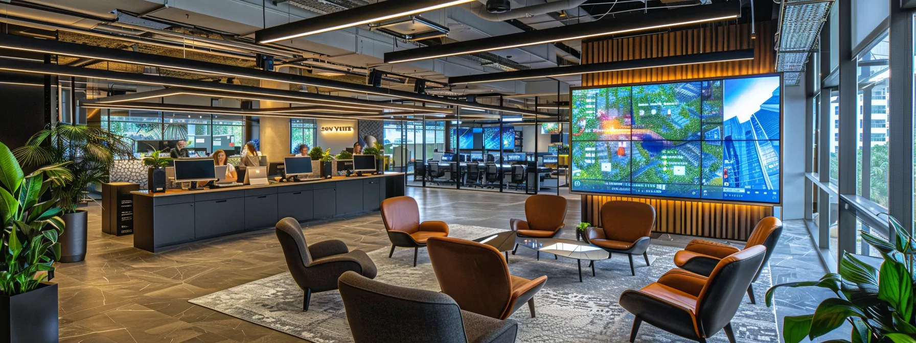 What Is Bluesky? Unpacking Its Functionality and Benefits 13 a sleek, modern office filled with sophisticated technology and collaborative workspace, featuring vibrant digital displays and diverse professionals engaged in dynamic discussions.
