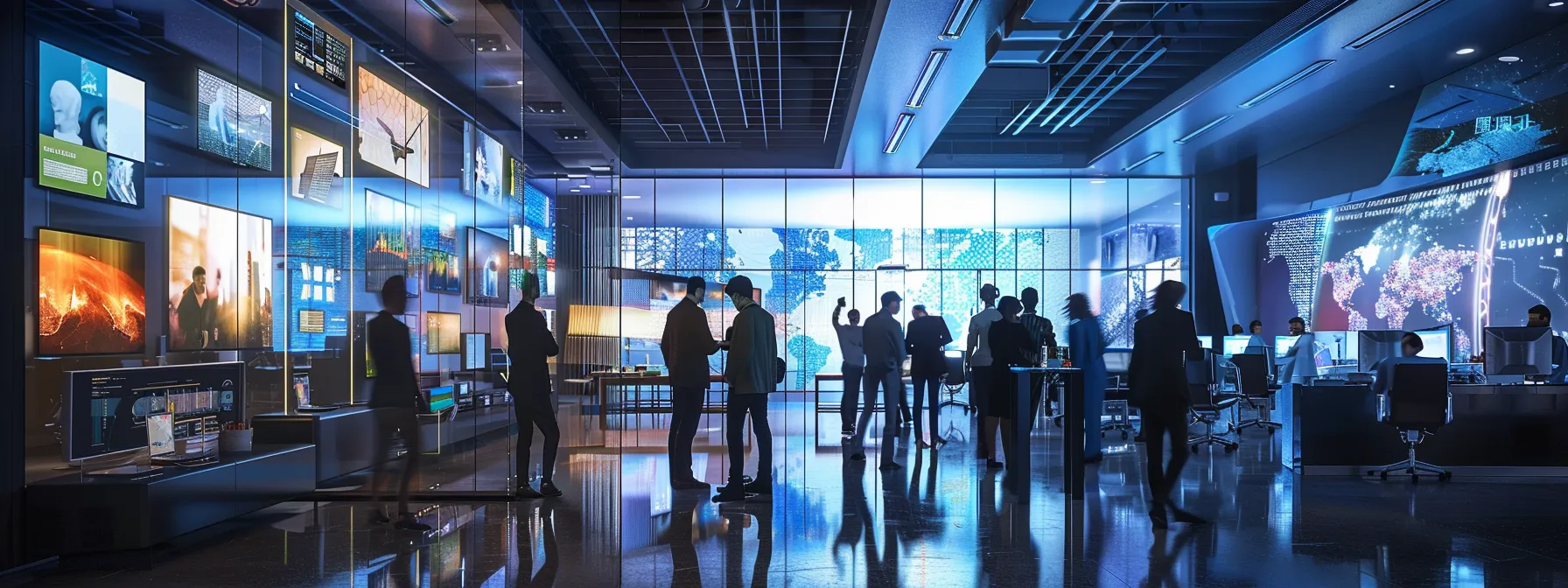 Learn What Is a Block Cipher and Its Applications 15 a sleek, modern office filled with vibrant digital displays and diverse professionals engaged in animated discussions, surrounded by high-tech gadgets and collaborative workspaces.