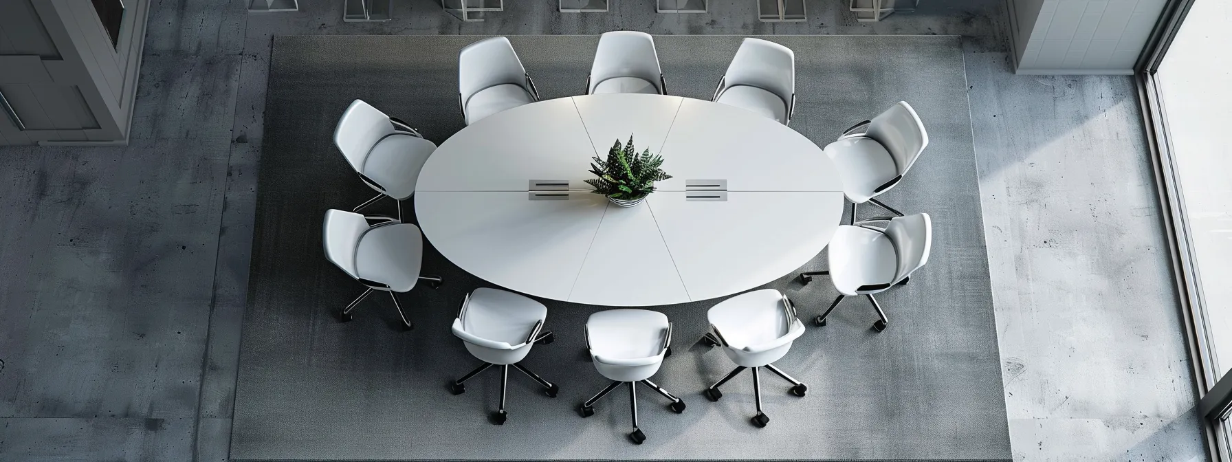 Learn What Is a Block Cipher and Its Applications 13 a sleek, modern office interior features a central round table surrounded by crisp white chairs, illuminated by dramatic overhead lighting, emphasizing an atmosphere of innovative collaboration and professionalism.