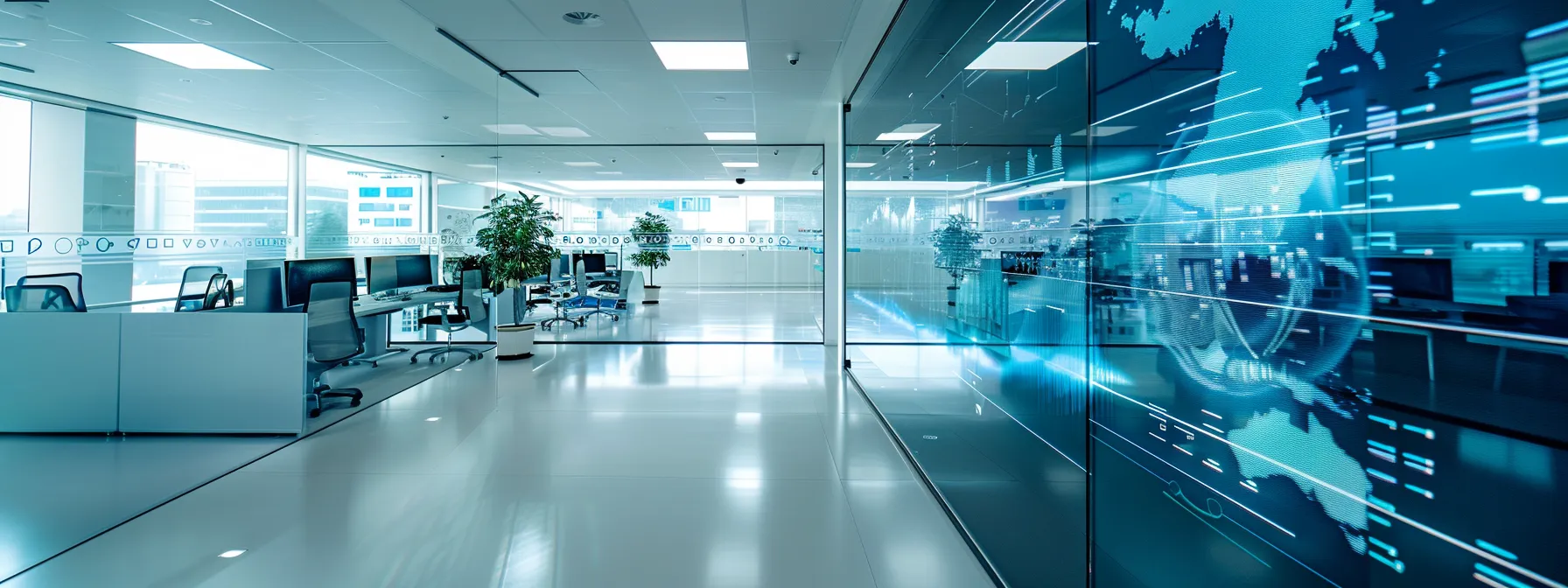 a sleek, modern office interior showcases an array of high-tech devices and vibrant digital displays, creating an atmosphere of innovation and productivity.