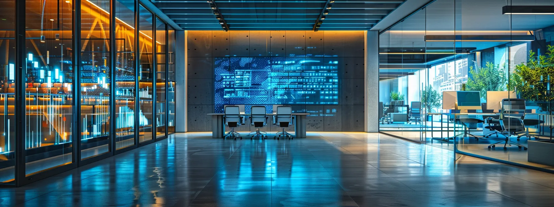 a sleek, modern office interior features a vibrant digital screen displaying a dynamic data visualization, illuminated by sharp, overhead lighting that accentuates the contemporary design and professional atmosphere.